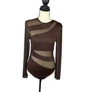 Shein Brown Mesh Cut Out Bodysuit Long Sleeve Sheer Panel Y2K Clubwear Size M